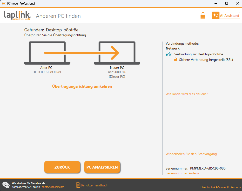 Laplink PC Mover Professional - Verbindung
