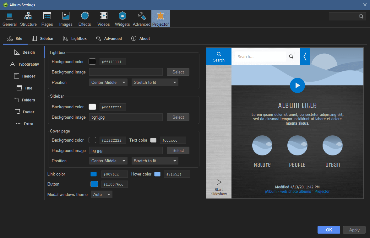 jAlbum PRO - Settings projector