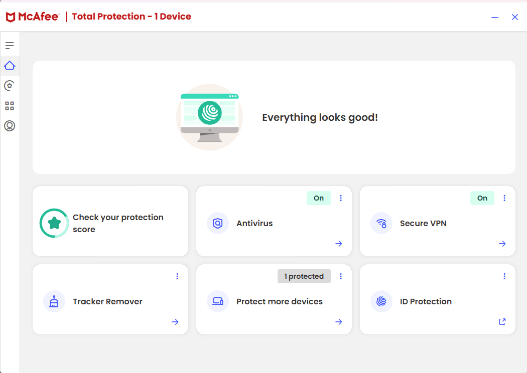 McAfee Total Protection - Main menu