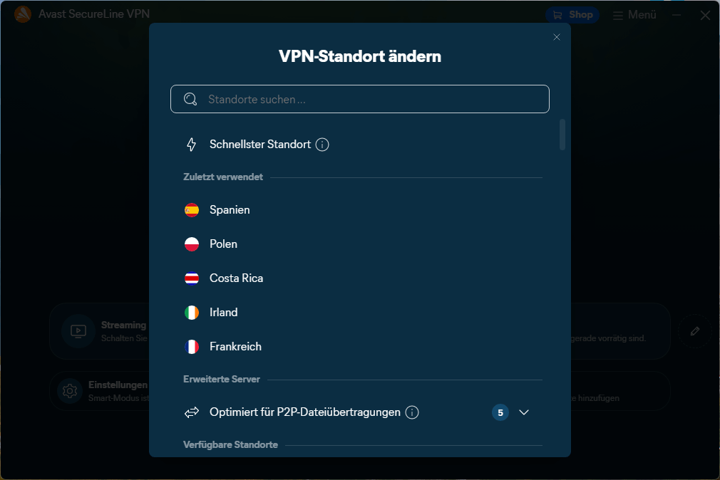 Avast SecureLine VPN - Standort