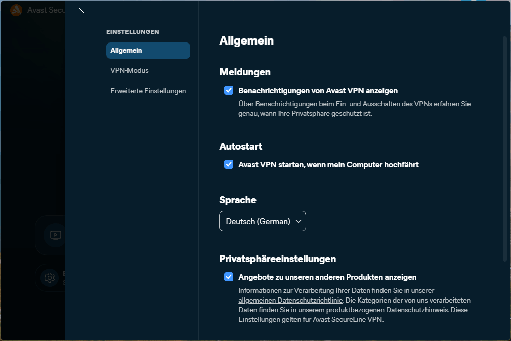 Avast SecureLine VPN - Einstellungen