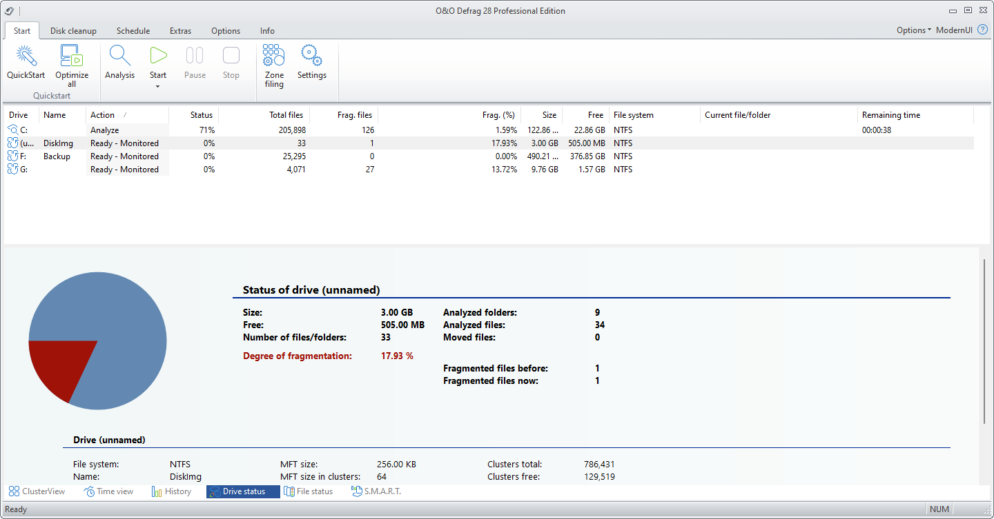 O&O Defrag 28 Pro - Status of drive 