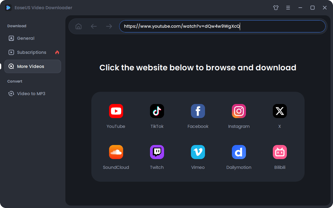 EaseUS Video Downloader - Search dark Windows 