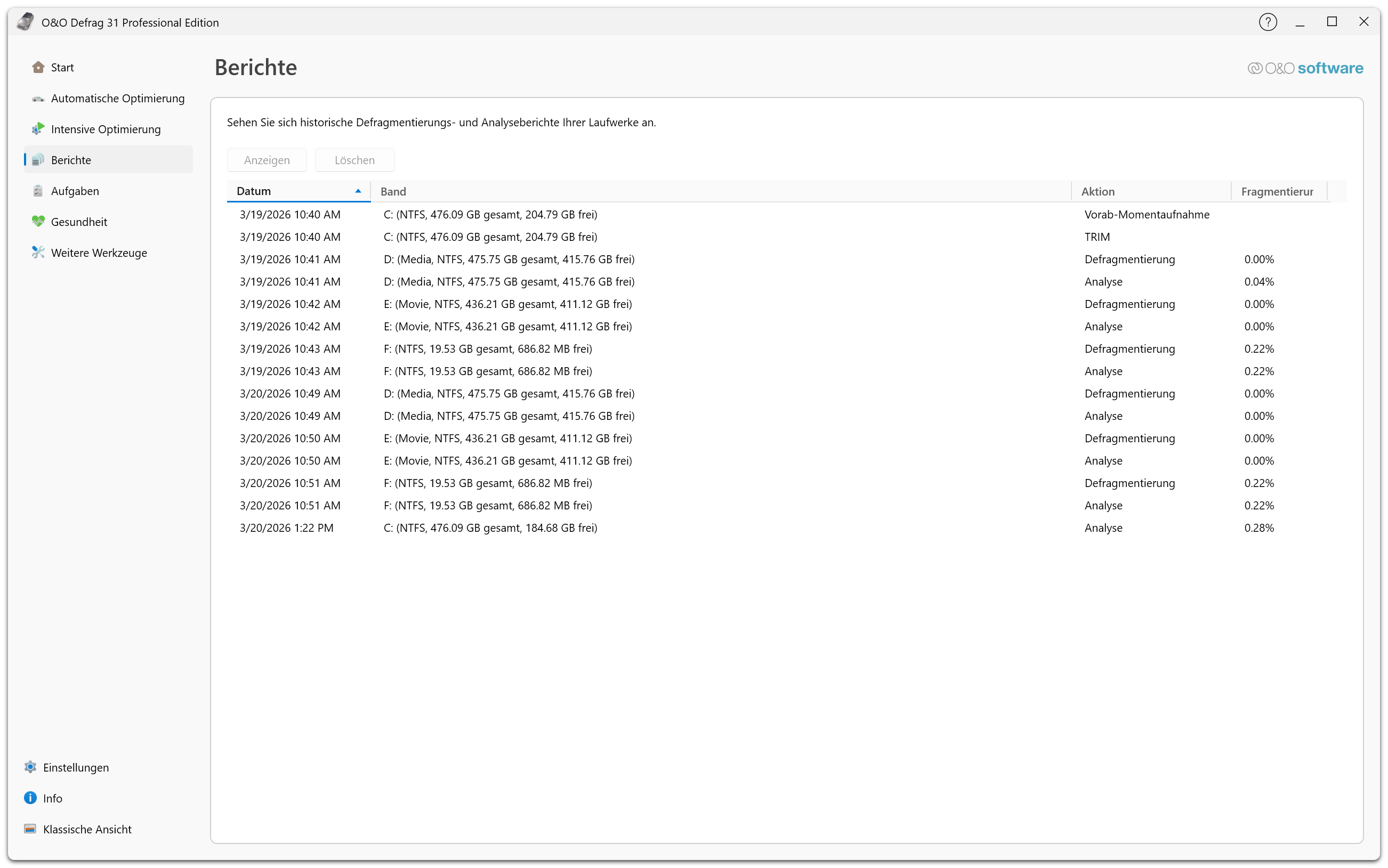 O&O Defrag 31 Professional Edition - Berichte