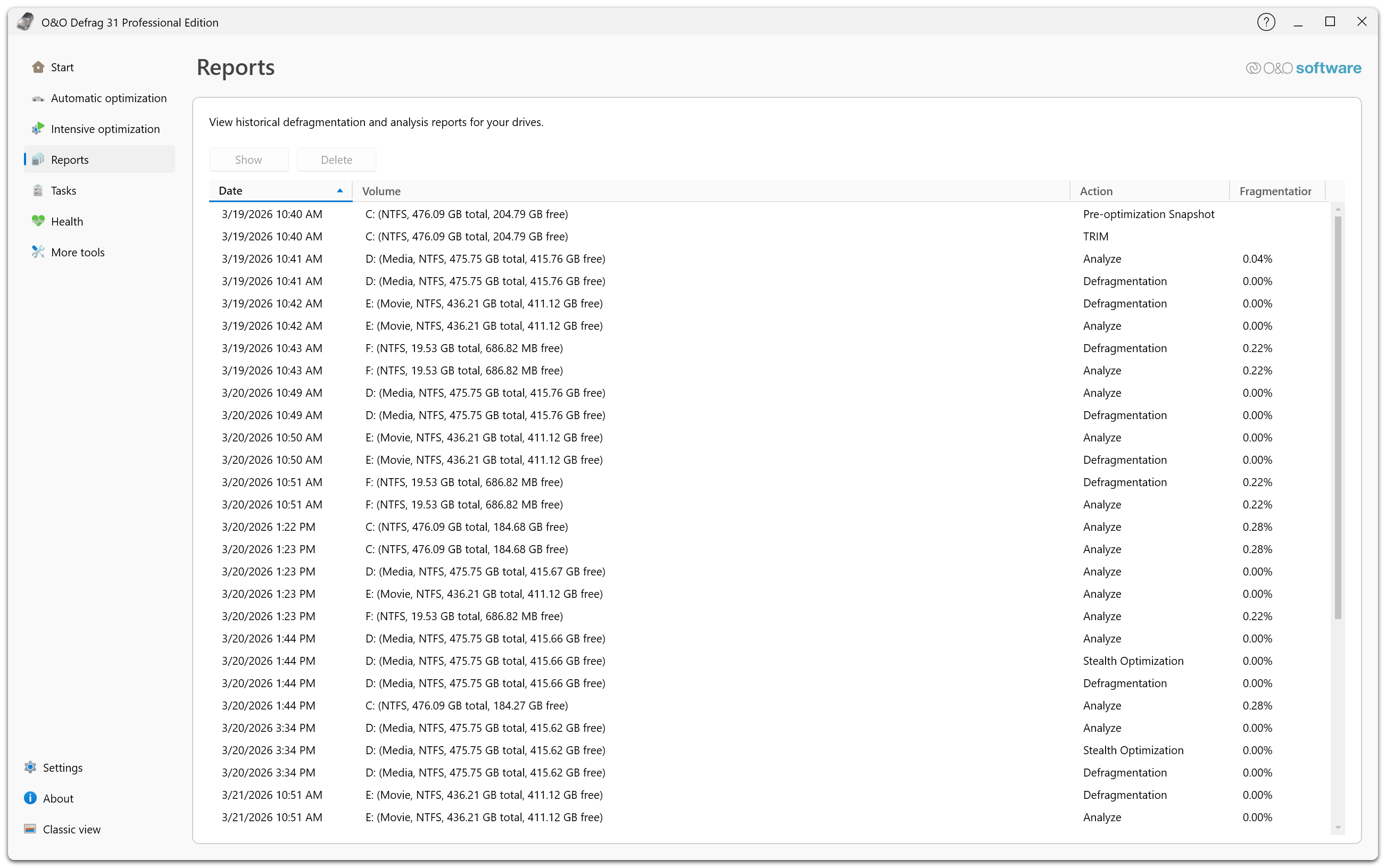 O&O Defrag 31 Professional Edition - Reports