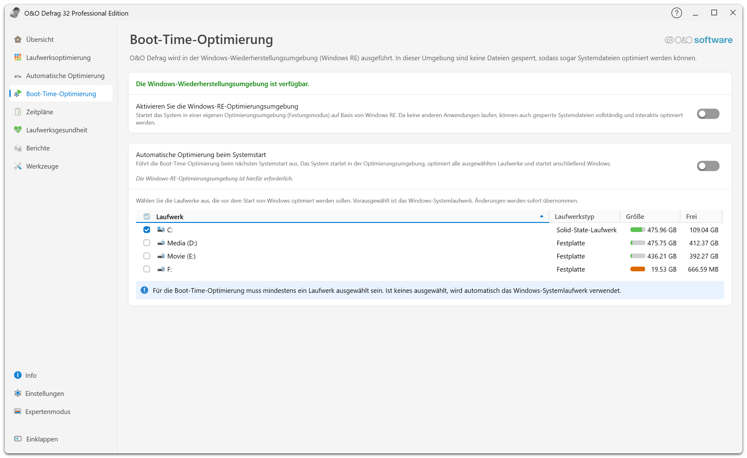 O&O Defrag 32 Professional Edition - Optimierung