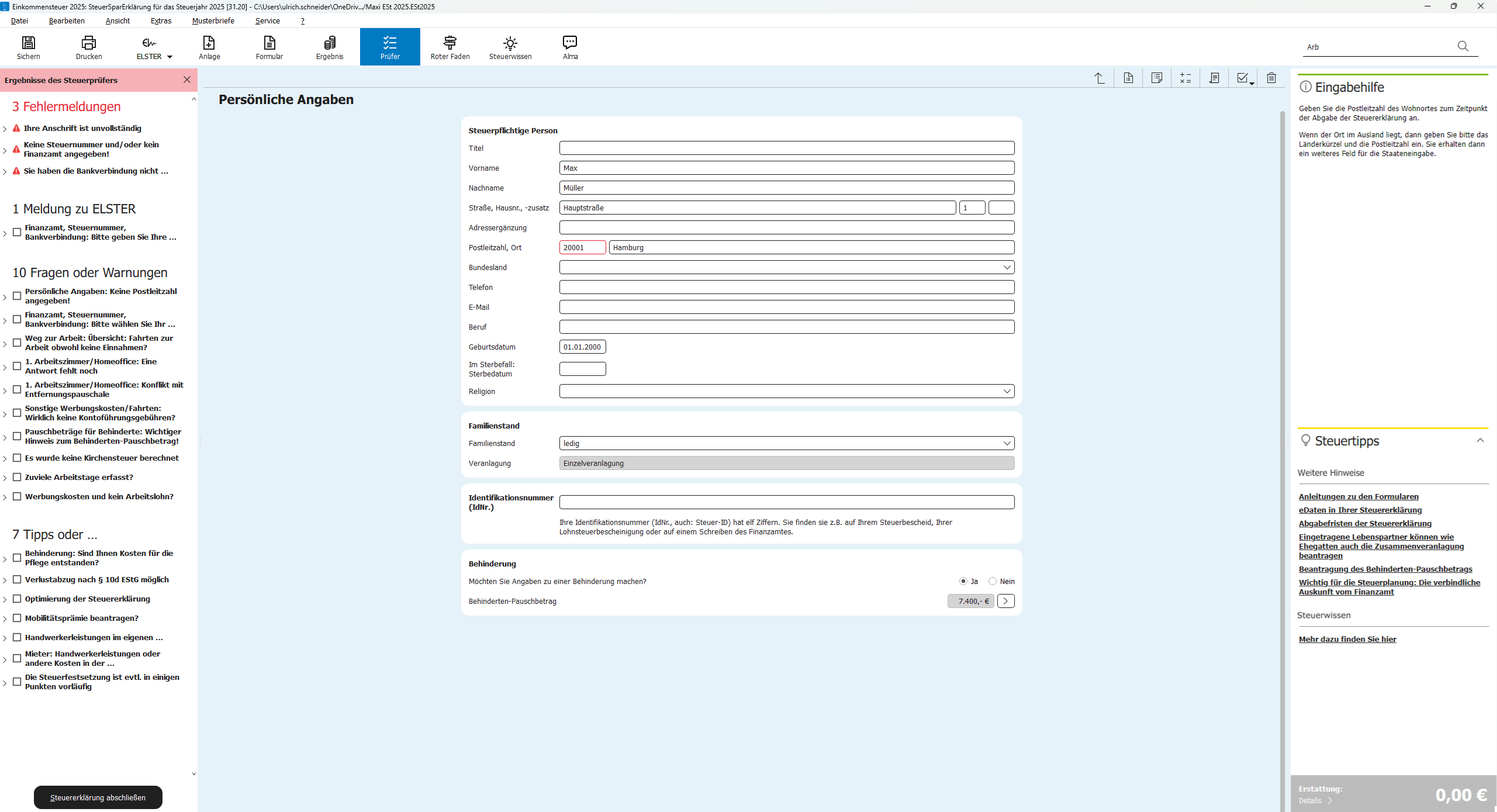 SteuerSparErklärung 2026 - Fehler