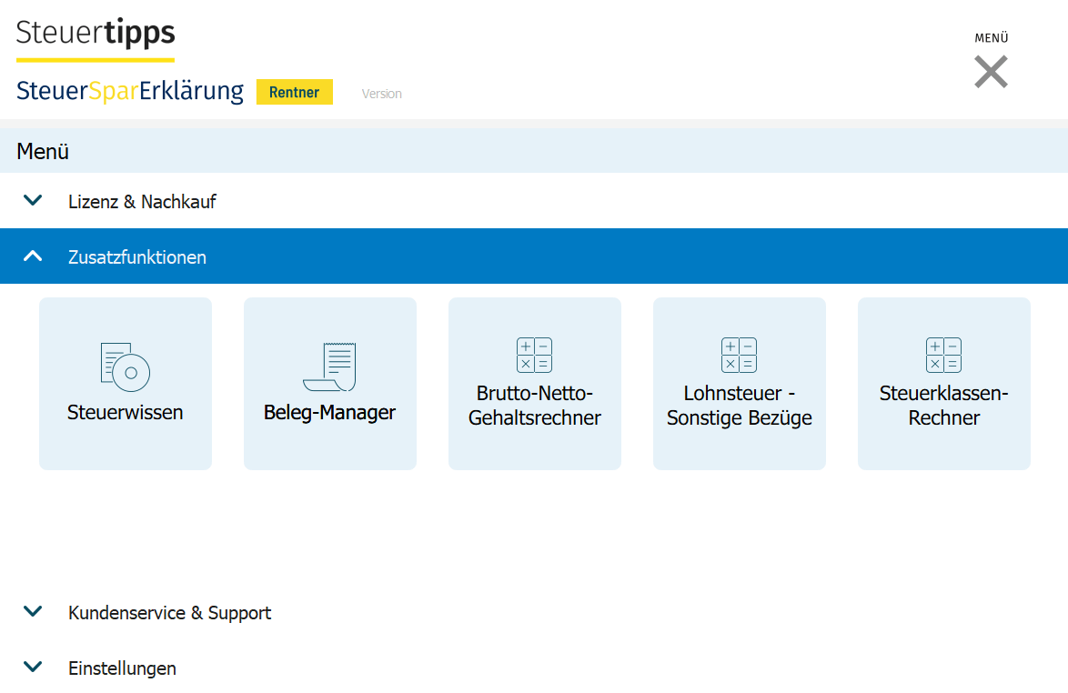 SteuerSparErklärung für Rentner 2025 - Zusatzfunktionen 