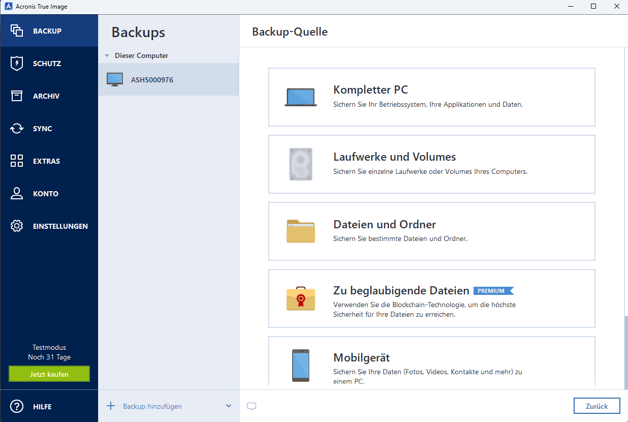 Acronis True Image 2025 - Backup-Quelle