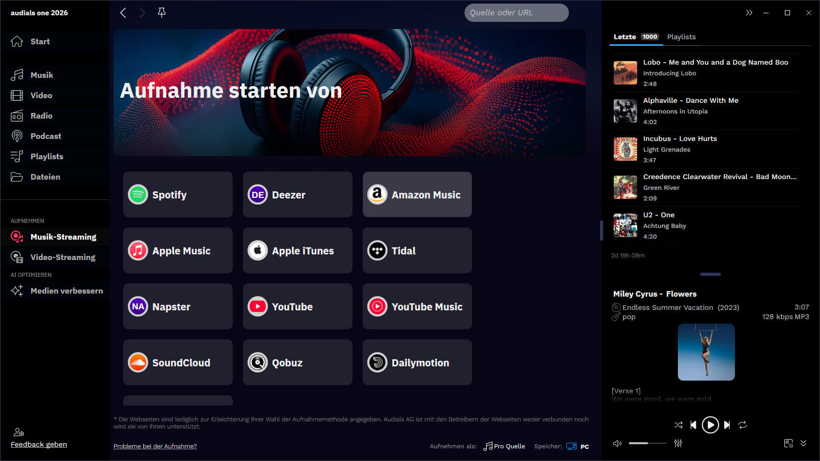 Audials One 2026 Standard - Aufnahme starten