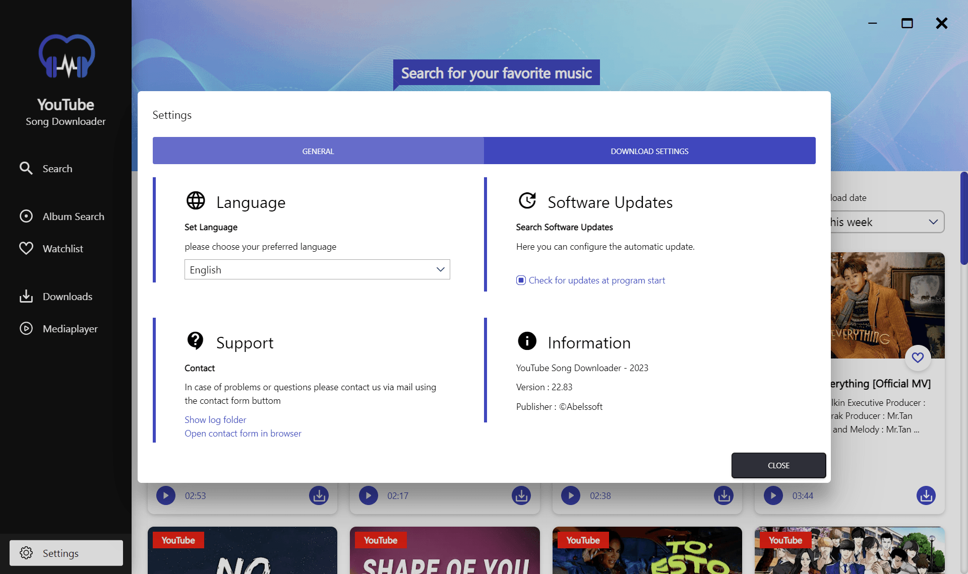 Abelssoft YouTube Song Downloader - Settings