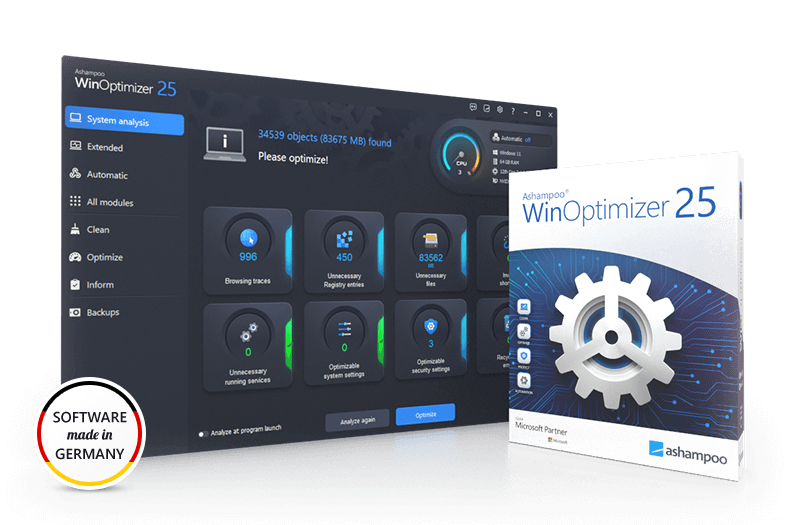 Ashampoo® WinOptimizer makes your Windows faster, leaner and more secure!