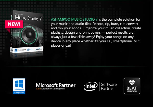 Ashampoo Music Studio 7 is the complete solution for your music and audio files. Record, rip, burn, cut, convert and mix your songs. Organize your music collection, create playlists, design and print covers - perfect results are always just a few clicks away! Enjoy your songs on any device in any place whether it's your PC, smartphone, MP3 player or car!