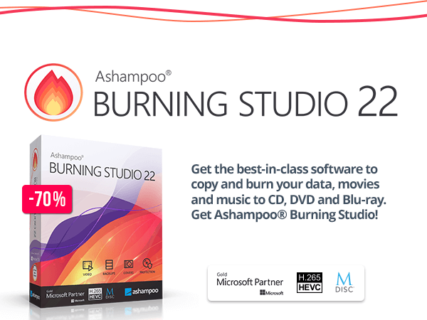 Ashampoo Burning Studio 22 | Get the best-in-class software to copy and burn your data, movies and music to CD, DVD and Blu-ray. Get Ashampoo® Burning Studio!
