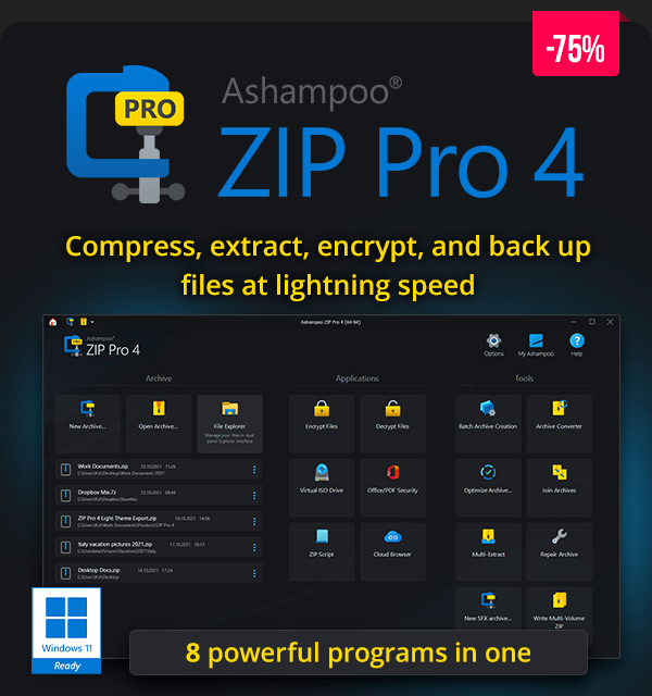 Ashampoo ZIP PRO 4 | Compress, extract, encrypt, and back up files at lightning speed