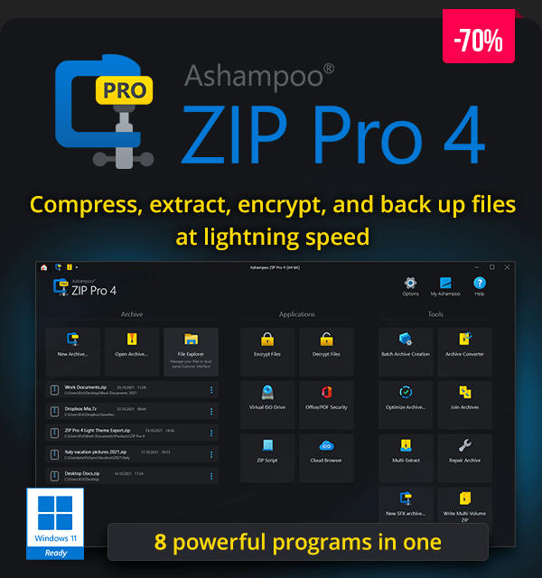 Ashampoo ZIP PRO 4 | Compress, extract, encrypt, and back up files at lightning speed