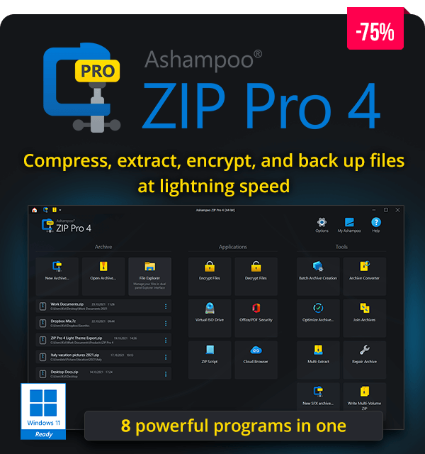 Ashampoo ZIP PRO 4 | Compress, extract, encrypt, and back up files at lightning speed