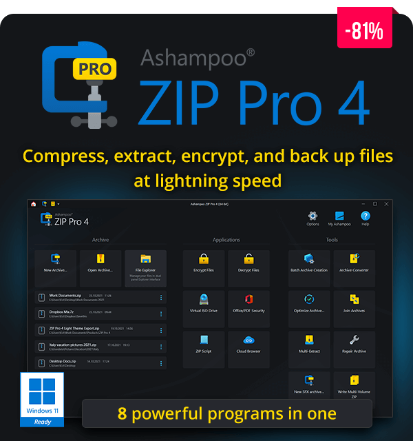 Ashampoo ZIP PRO 4 | Compress, extract, encrypt, and back up files at lightning speed