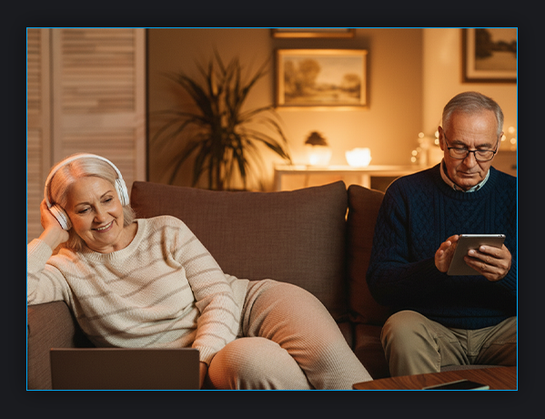 image of a elder woman and men sitting on a couch listening to music and reading news on their smartphone
