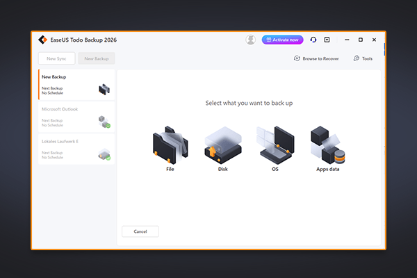 (screenshot: Create new Backup – Options: File, Disk, OS, App Data)