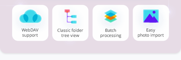 WebDAV support, Classic folder tree view, Batch processing, Easy photo import